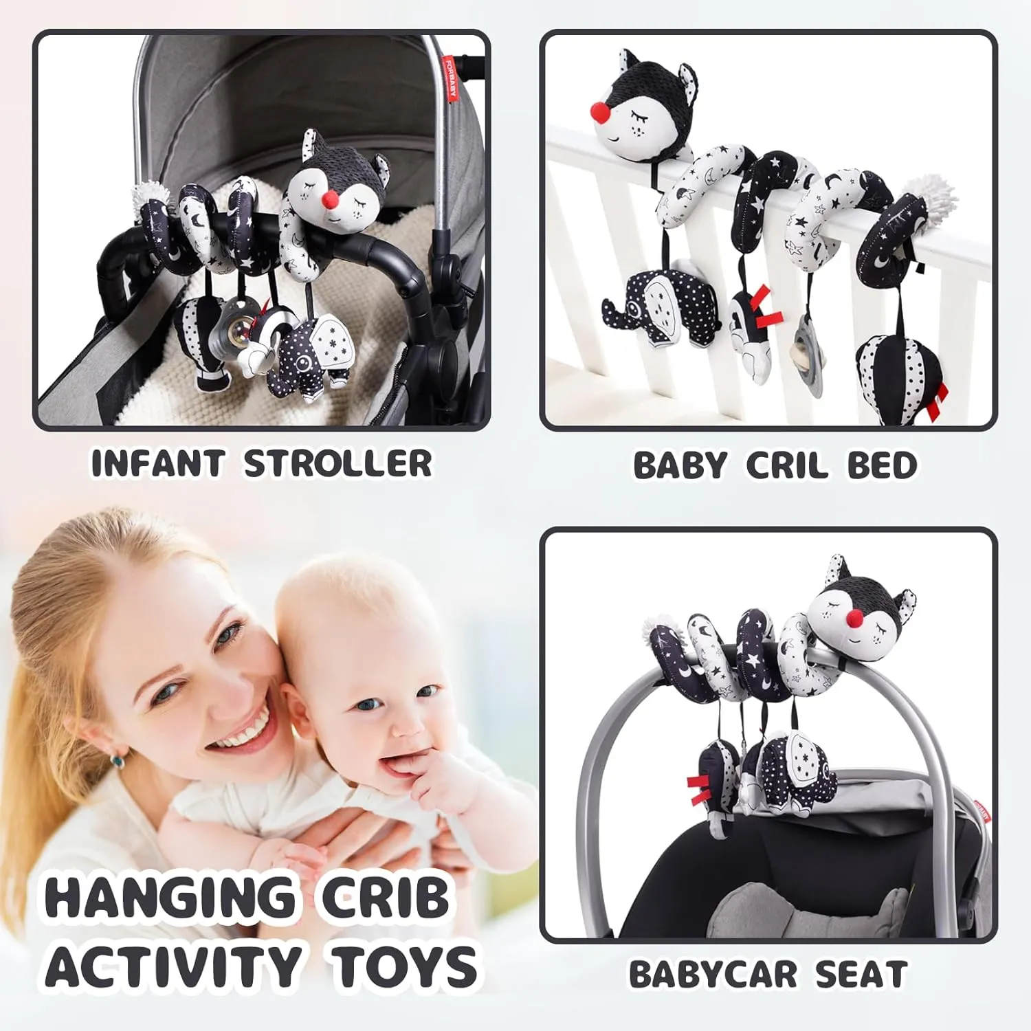 Squeaker & Rattles(Black Fox) Koty Car Seat Toys, Infant Baby Spiral Plush Activity willow naked compressible Hanging Toy for Stroller Bar Pram Crib with Music Box BB 