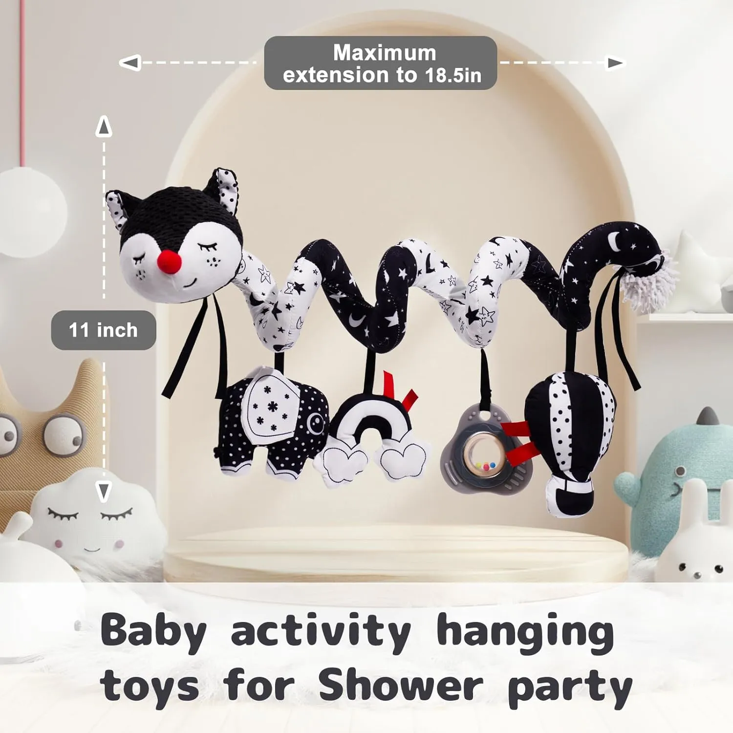 Squeaker & Rattles(Black Fox) Koty Car Seat Toys, Infant Baby Spiral Plush Activity willow naked compressible Hanging Toy for Stroller Bar Pram Crib with Music Box BB 