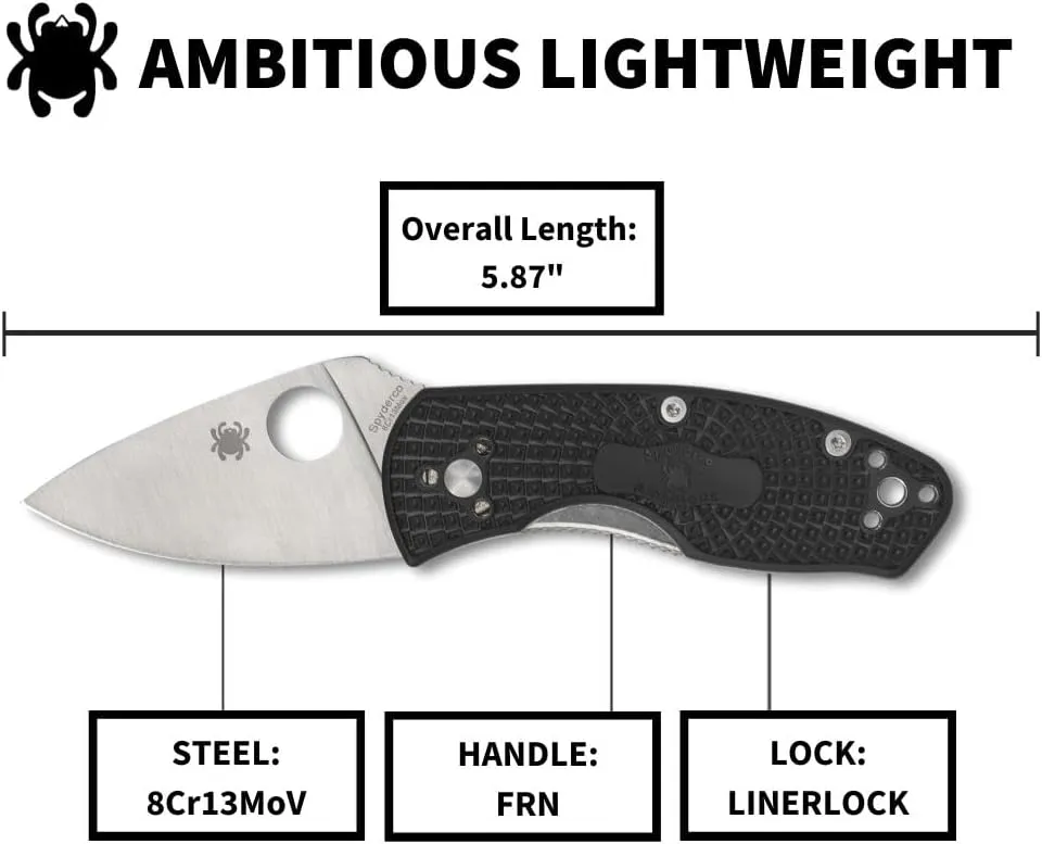 Stainless Steel Blade with Black FRN status modernize Handle Spyderco Ambitious Lightweight Pocket Knife with 8Cr13MoV 