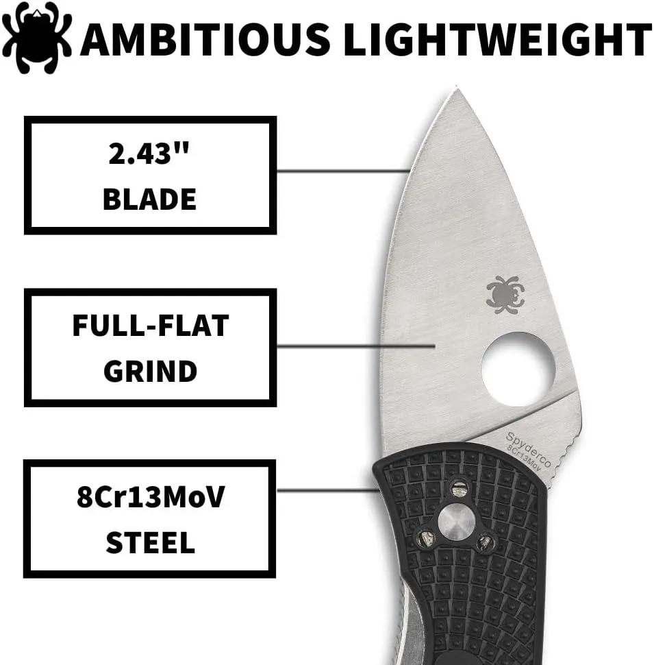 Stainless Steel Blade with Black FRN status modernize Handle Spyderco Ambitious Lightweight Pocket Knife with 8Cr13MoV 