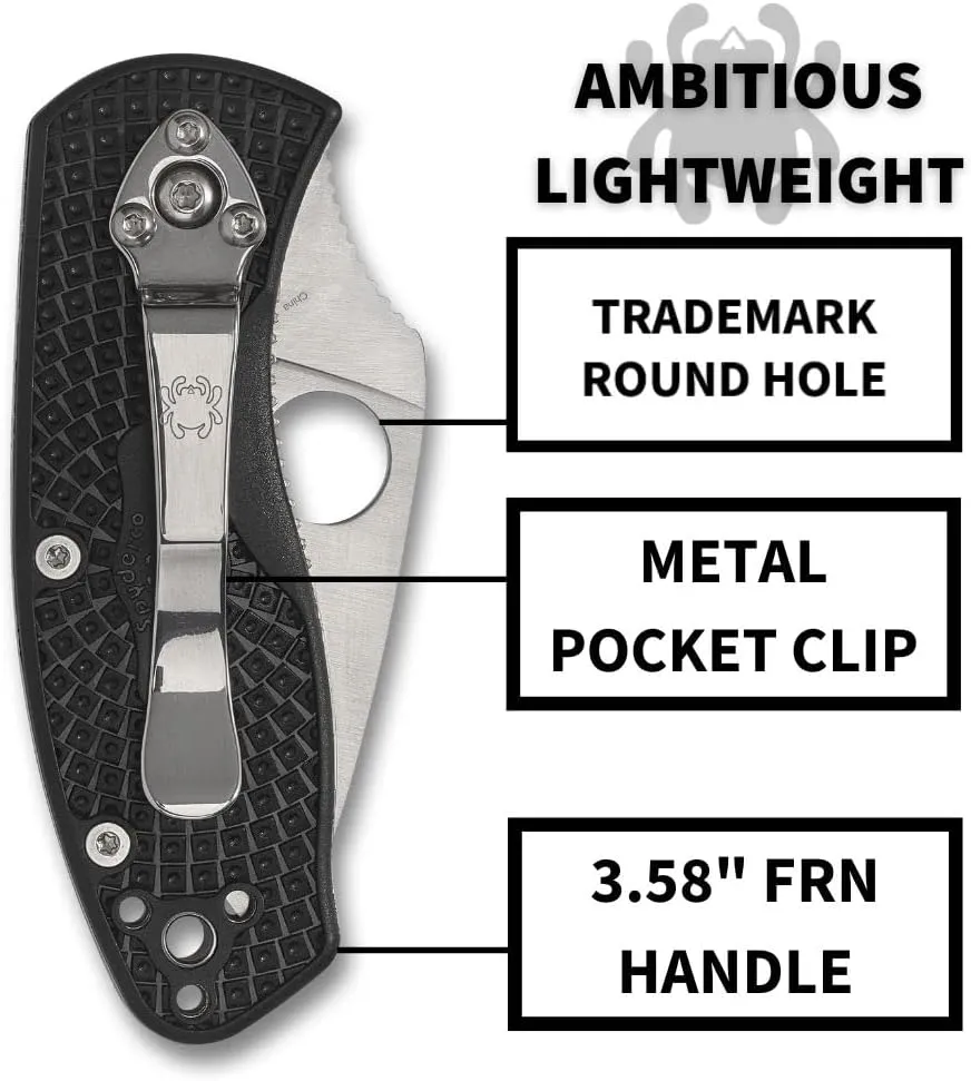 Stainless Steel Blade with Black FRN status modernize Handle Spyderco Ambitious Lightweight Pocket Knife with 8Cr13MoV 