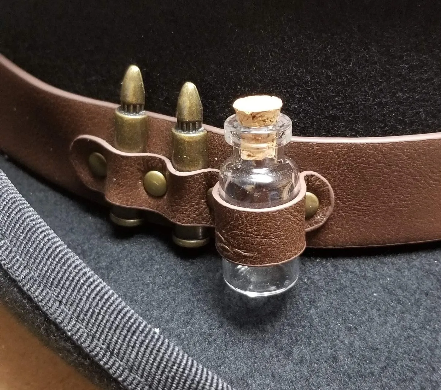 steel Vial, Wool, WFBC Kenny K Steampunk Top Hat, Handmade, with Clock, Bullets, Glass 