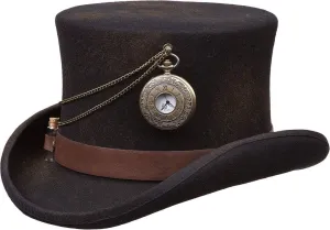steel Vial, Wool, WFBC Kenny K Steampunk Top Hat, Handmade, with Clock, Bullets, Glass 