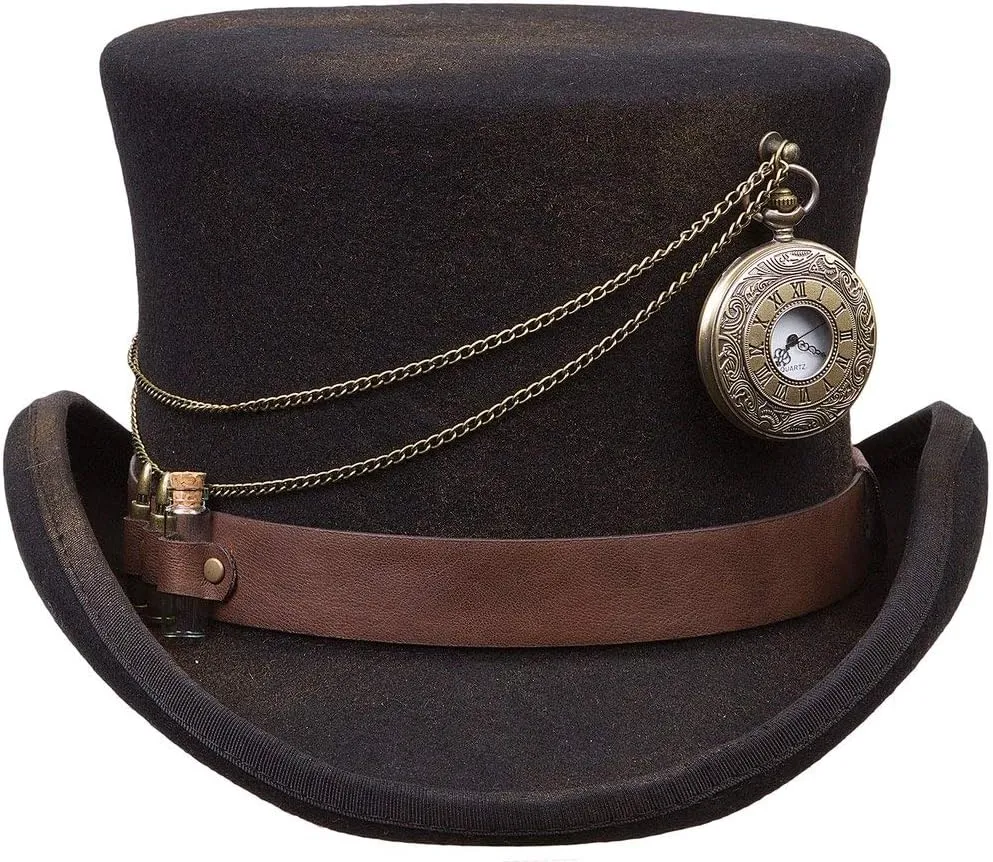 steel Vial, Wool, WFBC Kenny K Steampunk Top Hat, Handmade, with Clock, Bullets, Glass 