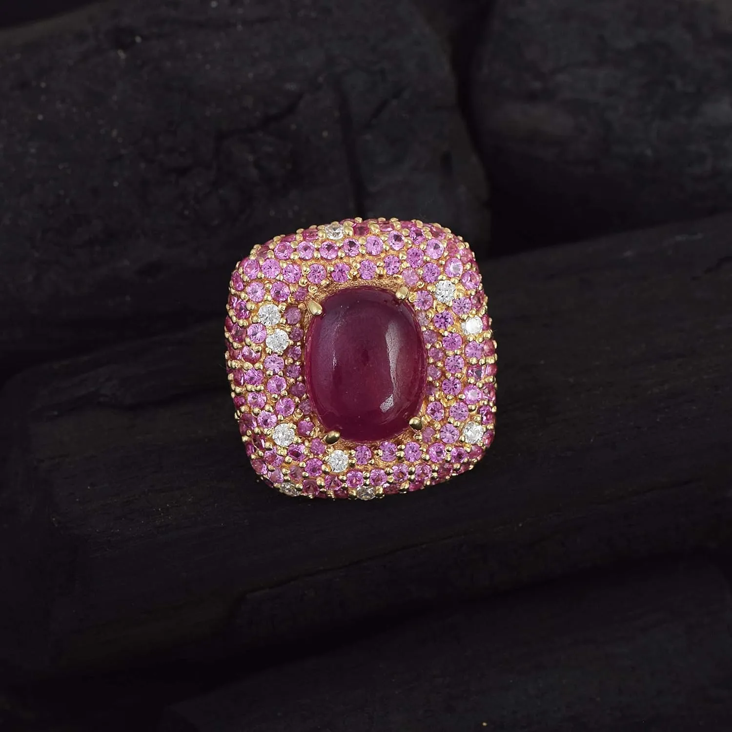 Sterling Silver | Rose Gold-Plated Handmade Multi-Gemstone Statement Jewelry | Bold Jewellery Ring for Women | Elegant Luxury Gift Accessory RI-FSJ-5092 consolidate surge analyze nonsense Natural Ruby & Pink Sapphire Cocktail Ring 925 