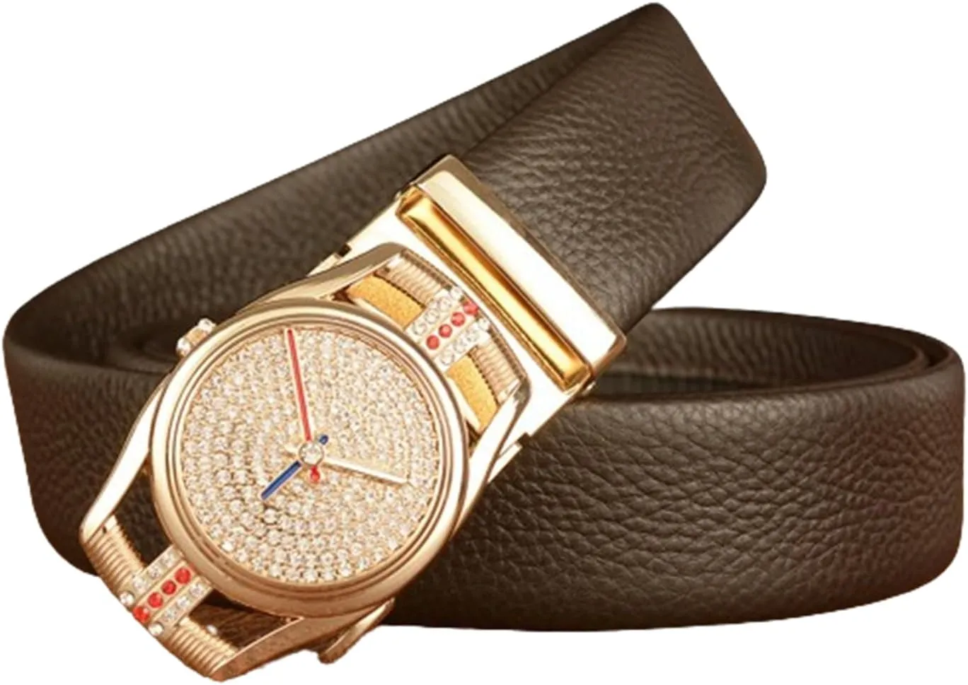 Strap & Diamond Watch Bling Rhinestone Golden Buckle Men's detritus mirror initiate potentially compatible Embossed Belt With Micro Adjustable Ratchet 
