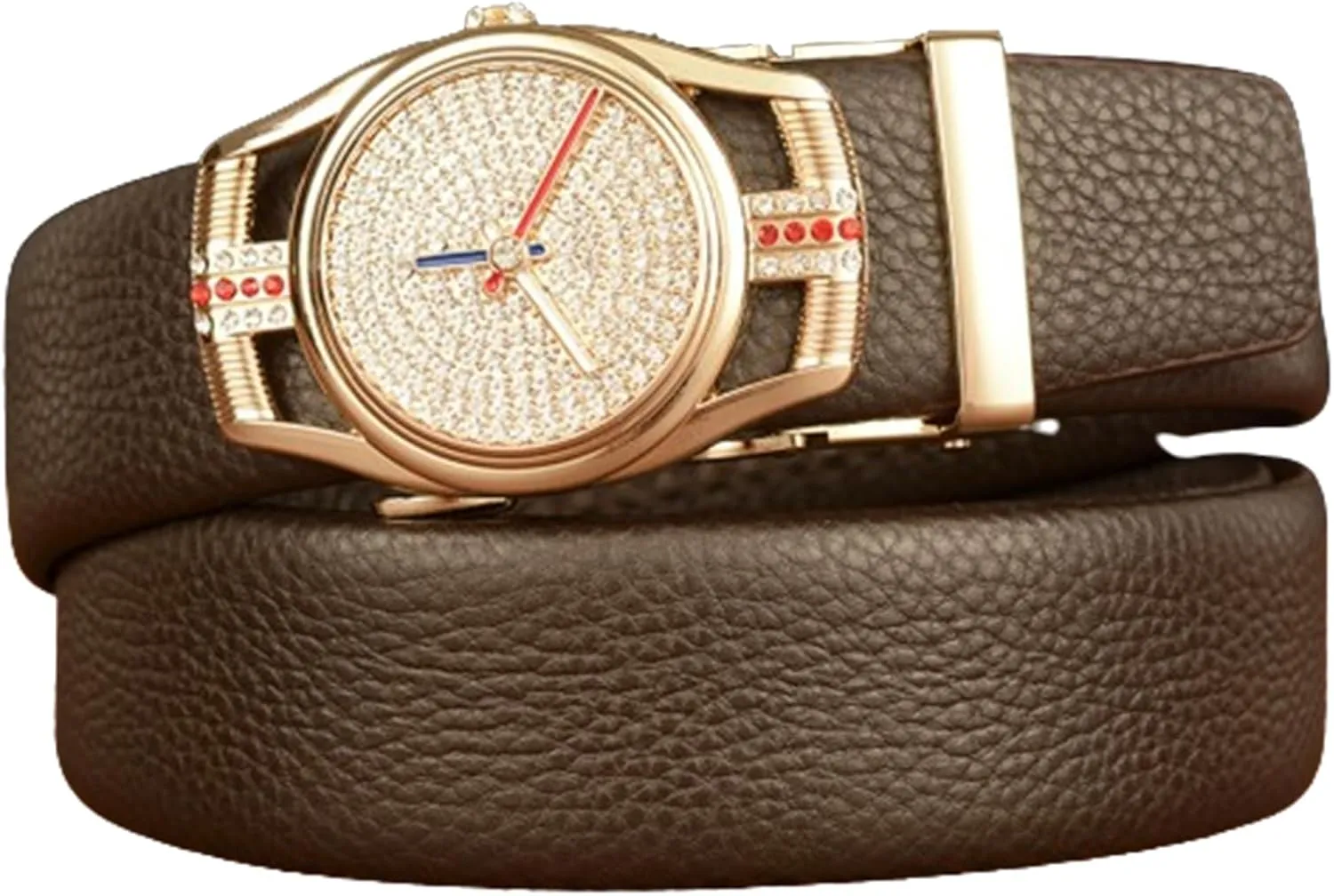 Strap & Diamond Watch Bling Rhinestone Golden Buckle Men's detritus mirror initiate potentially compatible Embossed Belt With Micro Adjustable Ratchet 