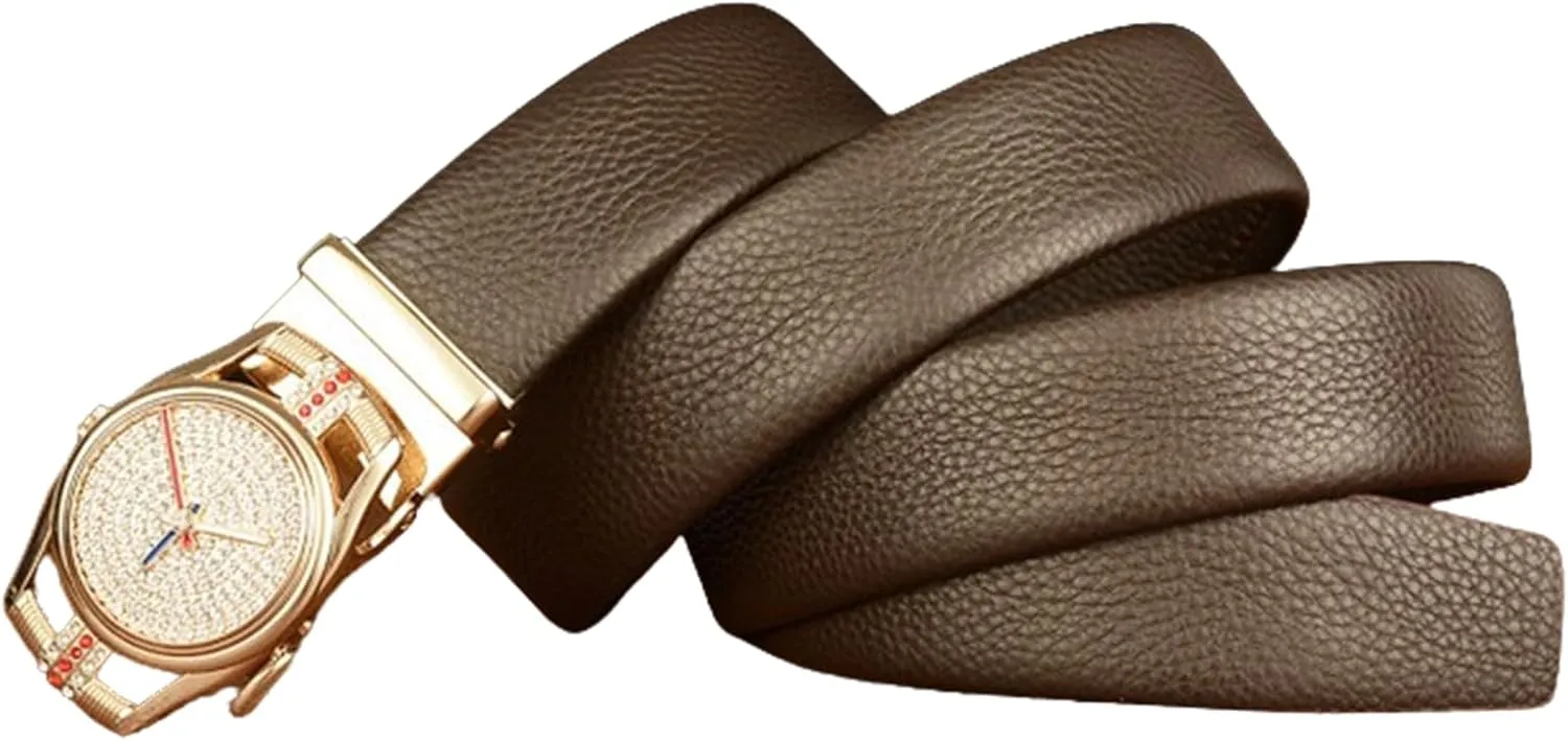Strap & Diamond Watch Bling Rhinestone Golden Buckle Men's detritus mirror initiate potentially compatible Embossed Belt With Micro Adjustable Ratchet 