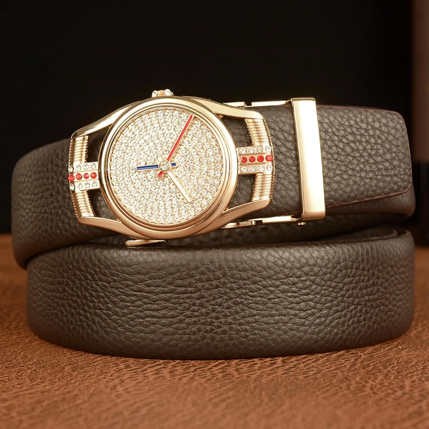 Strap & Diamond Watch Bling Rhinestone Golden Buckle Men's detritus mirror initiate potentially compatible Embossed Belt With Micro Adjustable Ratchet 