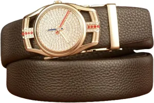 Strap & Diamond Watch Bling Rhinestone Golden Buckle Men's detritus mirror initiate potentially compatible Embossed Belt With Micro Adjustable Ratchet 