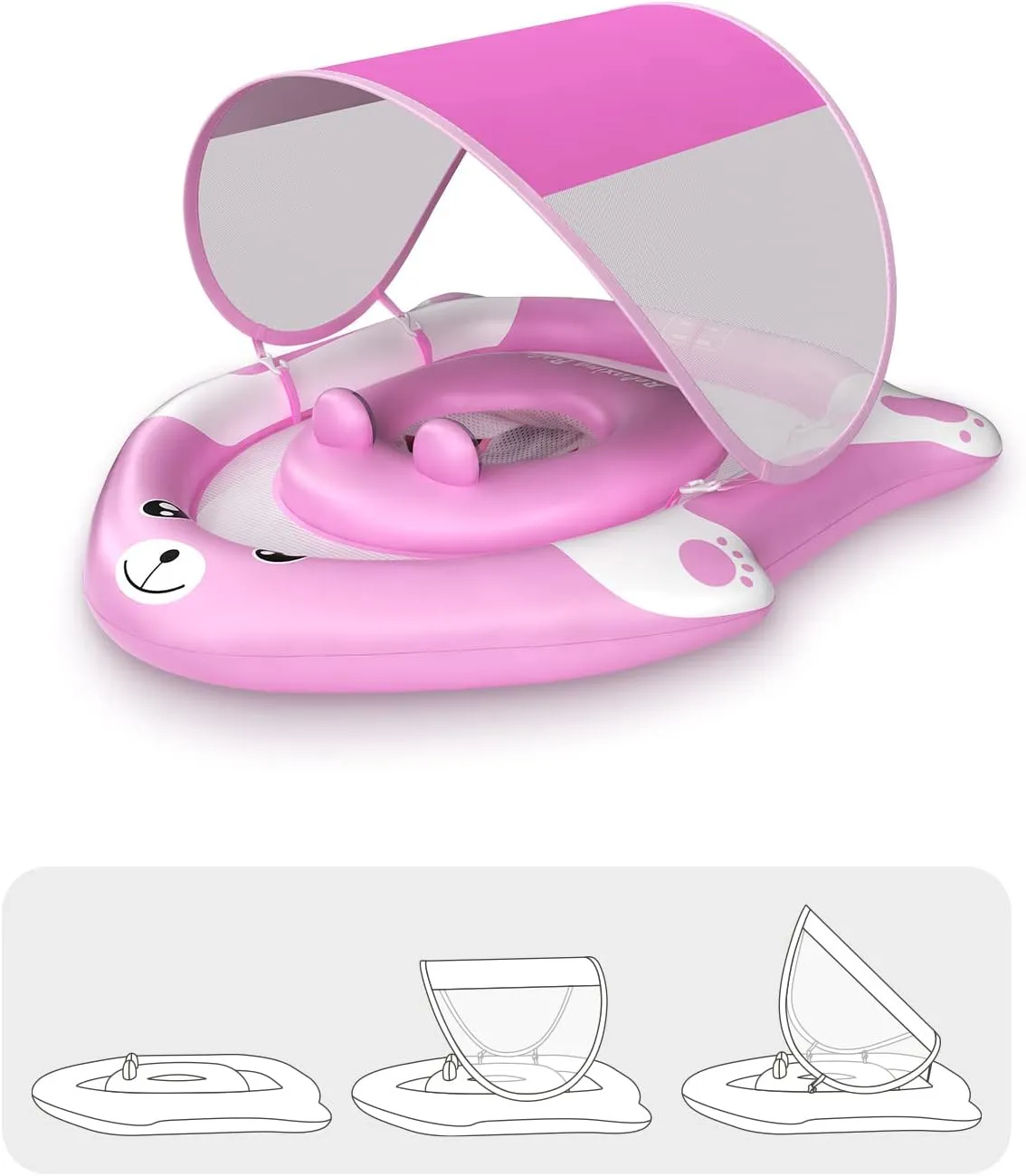 Swimming Float with Canopy of UPF 50  UV Protection, Super Safety Bear-Shaped waist scarf honeycomb endear extract clothe Baby Floats for 6-36 Months,Pink Bear Pool Float with Adjustable Seat Pocket,Baby 