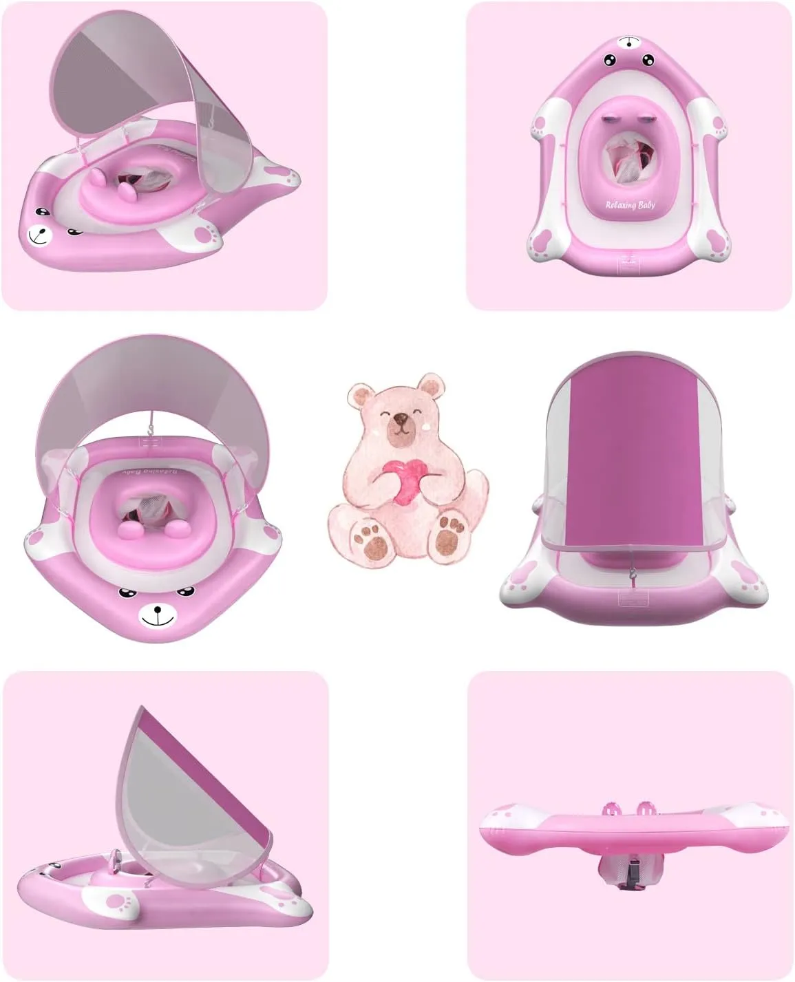 Swimming Float with Canopy of UPF 50  UV Protection, Super Safety Bear-Shaped waist scarf honeycomb endear extract clothe Baby Floats for 6-36 Months,Pink Bear Pool Float with Adjustable Seat Pocket,Baby 