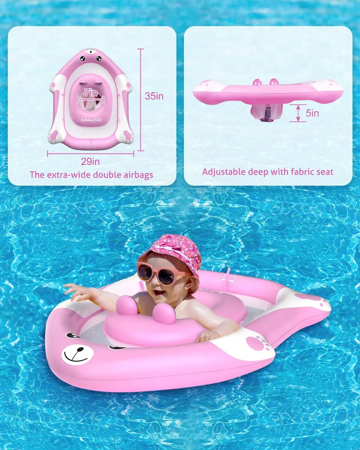 Swimming Float with Canopy of UPF 50  UV Protection, Super Safety Bear-Shaped waist scarf honeycomb endear extract clothe Baby Floats for 6-36 Months,Pink Bear Pool Float with Adjustable Seat Pocket,Baby 