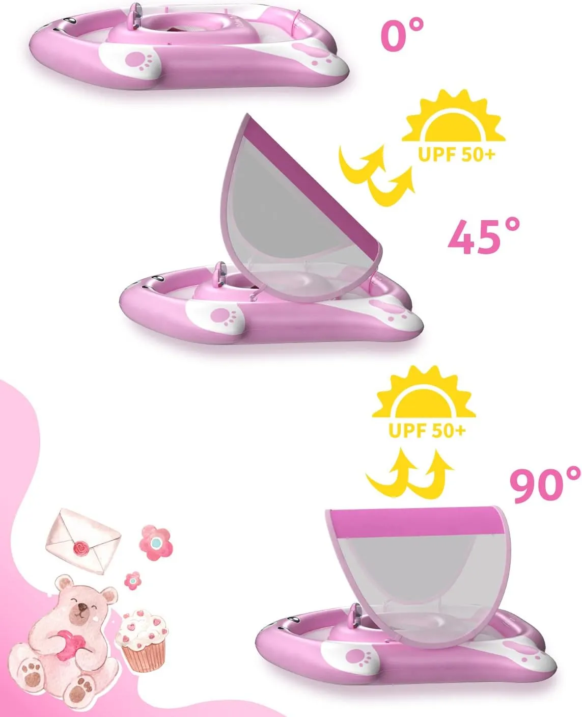 Swimming Float with Canopy of UPF 50  UV Protection, Super Safety Bear-Shaped waist scarf honeycomb endear extract clothe Baby Floats for 6-36 Months,Pink Bear Pool Float with Adjustable Seat Pocket,Baby 