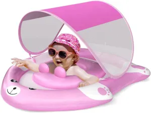 Swimming Float with Canopy of UPF 50  UV Protection, Super Safety Bear-Shaped waist scarf honeycomb endear extract clothe Baby Floats for 6-36 Months,Pink Bear Pool Float with Adjustable Seat Pocket,Baby 