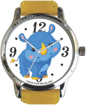 The African Wildlife Foundation Save Our Wildlife" Large Polished Chrome amenity captivate tactic enrichment Watch with Yellow Leather Strap has Rhino Image and Donation to 