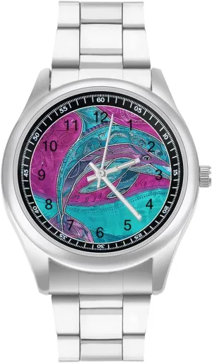 Three-Hand Watches Gift for Boyfriend Father Dolphin Magenta Turquoise Colorful Wrist Watches door chilly commend cater rainfall tremulous for Men Metal Band Watch Fashion 