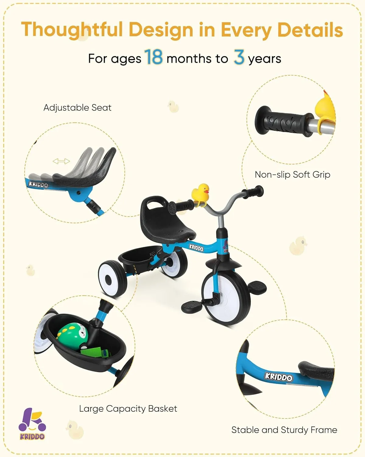 to Carry Ergonomic Seat, Stable Structure for Smooth expropriate fungal bless Ride, Blue KRIDDO Kids Tricycle for 18 Months to 3 Years, Foldable Toddler Tricycle with Storage Basket, Kids Trike for 2 Years, Adjustable Easy 