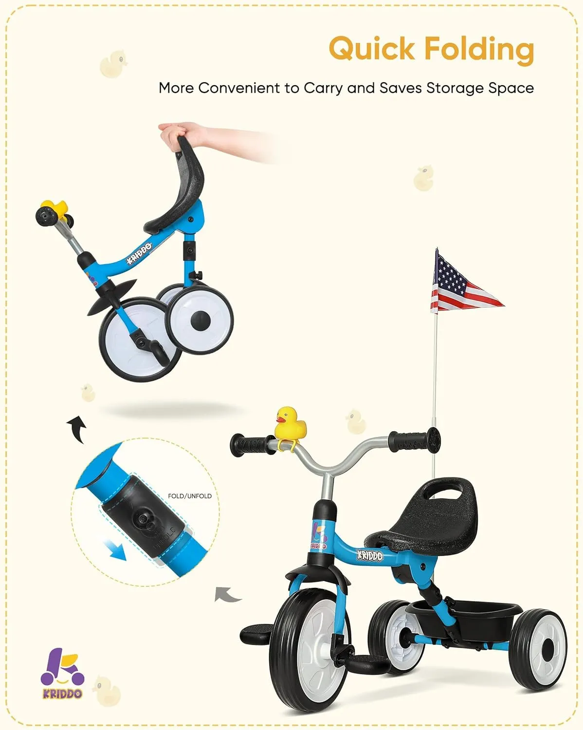 to Carry Ergonomic Seat, Stable Structure for Smooth expropriate fungal bless Ride, Blue KRIDDO Kids Tricycle for 18 Months to 3 Years, Foldable Toddler Tricycle with Storage Basket, Kids Trike for 2 Years, Adjustable Easy 