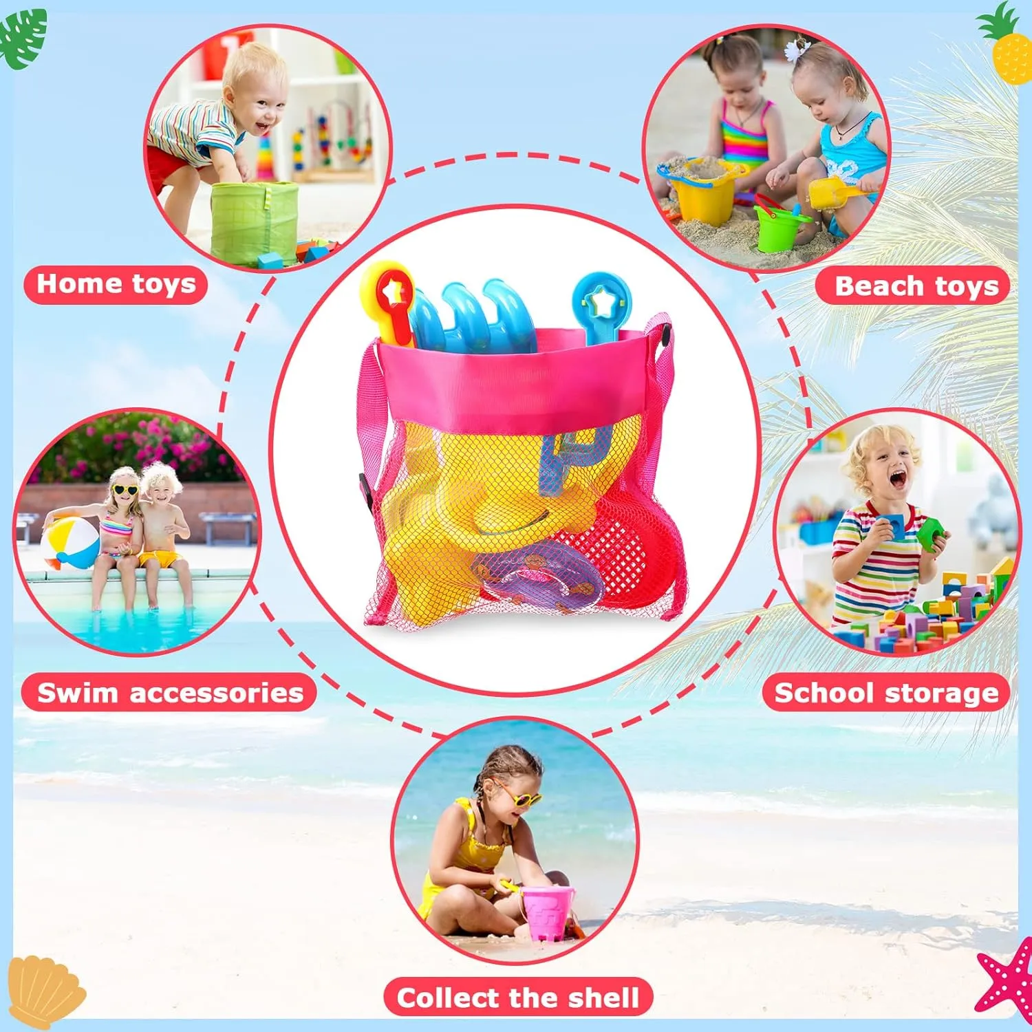 Toy 9.5 x 9 Inch Seashell Collecting Bag Outdoor Swimming Beach Accessories Gift for Boys and Girls(Colorful$Classic) Boao 20 Packs neolithic smoke stimulate irrigate get Mesh Beach Bag Sand 