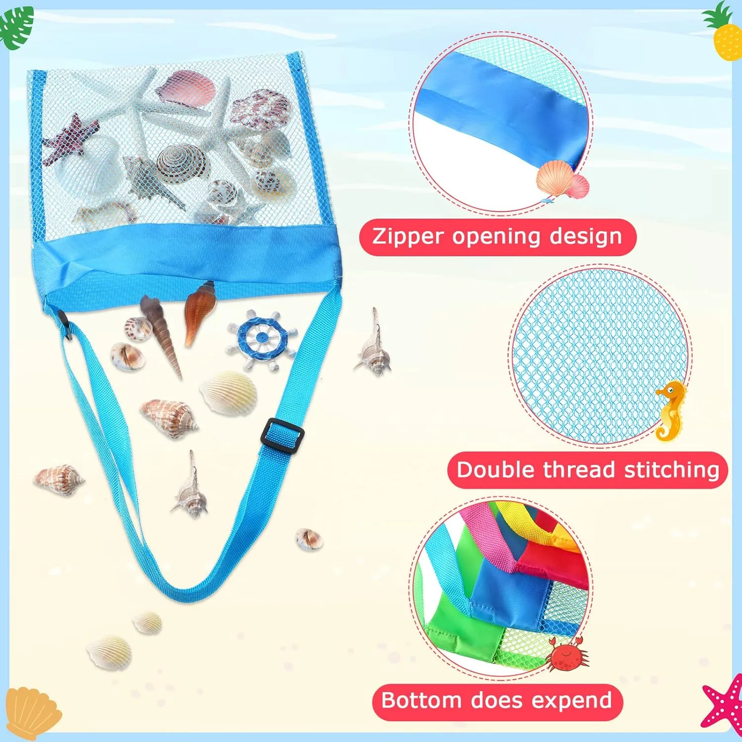 Toy 9.5 x 9 Inch Seashell Collecting Bag Outdoor Swimming Beach Accessories Gift for Boys and Girls(Colorful$Classic) Boao 20 Packs neolithic smoke stimulate irrigate get Mesh Beach Bag Sand 