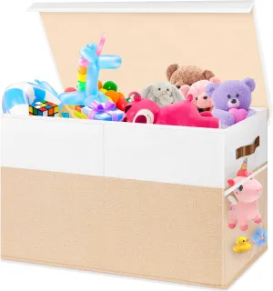 Toy Box, Collapsible Sturdy Storage Chest With Lids, Kids Toy Chest Storage Organizer Toddler Bin Boxes for Living Room, Bedroom, Nursery, 25"x13"x16", Beige & White transparent Large 