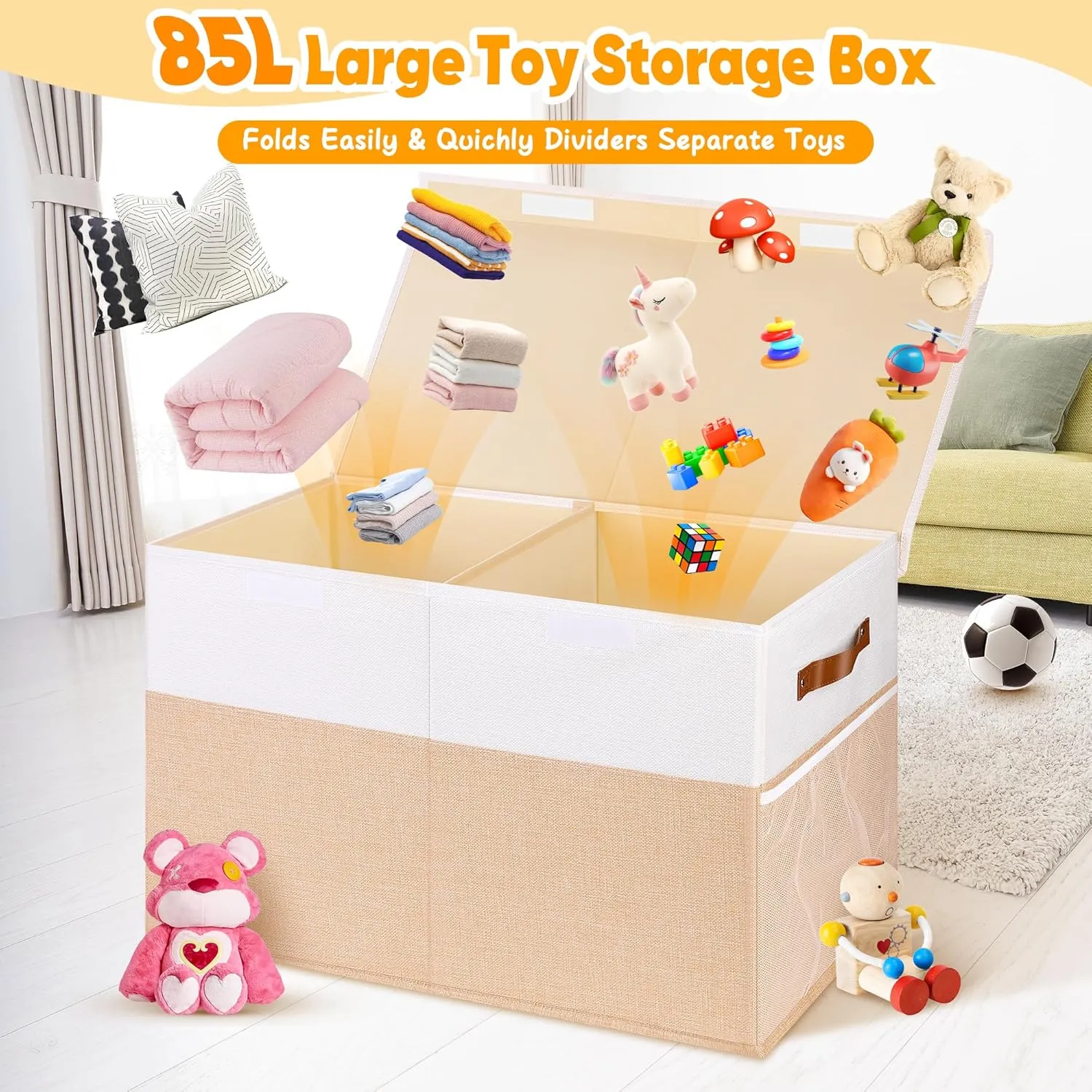 Toy Box, Collapsible Sturdy Storage Chest With Lids, Kids Toy Chest Storage Organizer Toddler Bin Boxes for Living Room, Bedroom, Nursery, 25"x13"x16", Beige & White transparent Large 