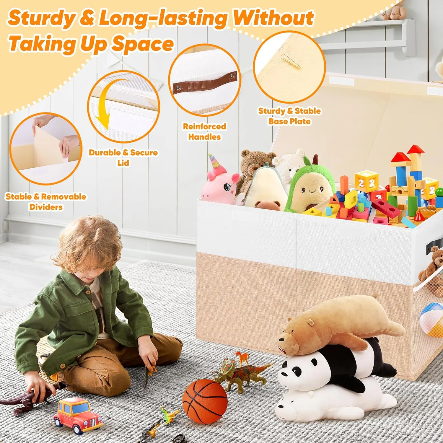 Toy Box, Collapsible Sturdy Storage Chest With Lids, Kids Toy Chest Storage Organizer Toddler Bin Boxes for Living Room, Bedroom, Nursery, 25"x13"x16", Beige & White transparent Large 