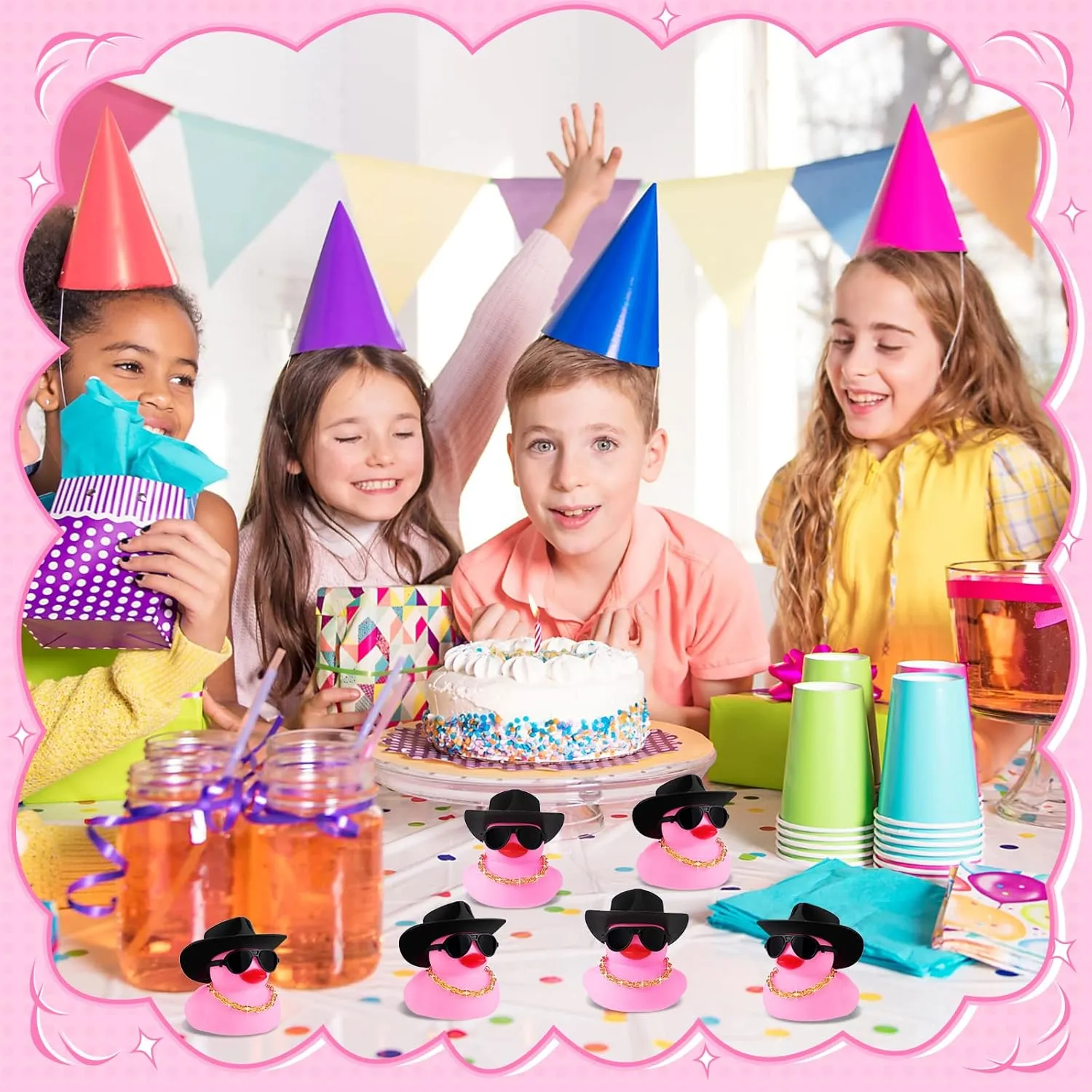 Toy Duckies Car Dashboard Decorations with Mini Necklace Hat and Sunglasses for Bathtub Baby Shower Birthday Swimming Party(Pink) Sotiff 48 Sets Cowgirl seldom Rubber Duck Squeaky Duck Bath Party 