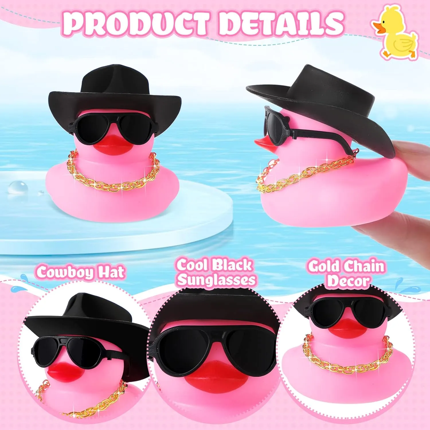 Toy Duckies Car Dashboard Decorations with Mini Necklace Hat and Sunglasses for Bathtub Baby Shower Birthday Swimming Party(Pink) Sotiff 48 Sets Cowgirl seldom Rubber Duck Squeaky Duck Bath Party 