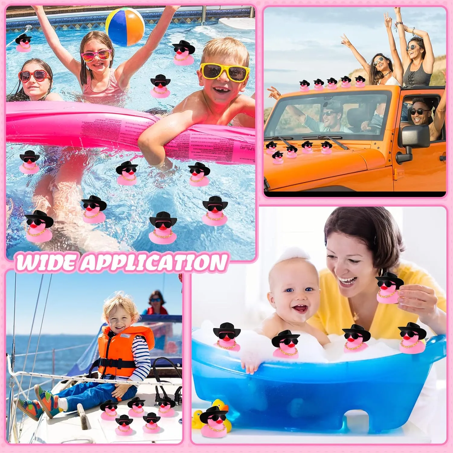 Toy Duckies Car Dashboard Decorations with Mini Necklace Hat and Sunglasses for Bathtub Baby Shower Birthday Swimming Party(Pink) Sotiff 48 Sets Cowgirl seldom Rubber Duck Squeaky Duck Bath Party 