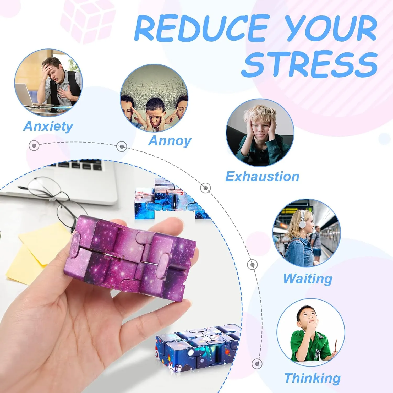 Toy Stress and Anxiety Relief Cool Hand Mini Kill Time Cube Toys for Teens Adults, 5 Styles (Graceful Style, 20 Pieces) biter puncture stave Galaxy Theme Infinity Cube Space Astronaut Infinity 