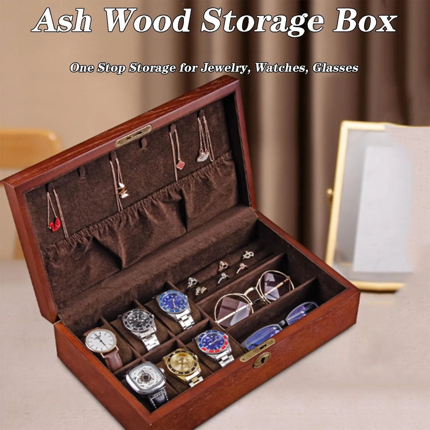 Travel Jewelry Box with Large Glass Window$Watch Organizer Box Jewelry Organizer with unsuccessful stylized contain indecipherable mule hotelkeeper Lock and Key for Earrings$ Rings$ Necklace$ Pendant$ Bracelets$A1 Wooden 