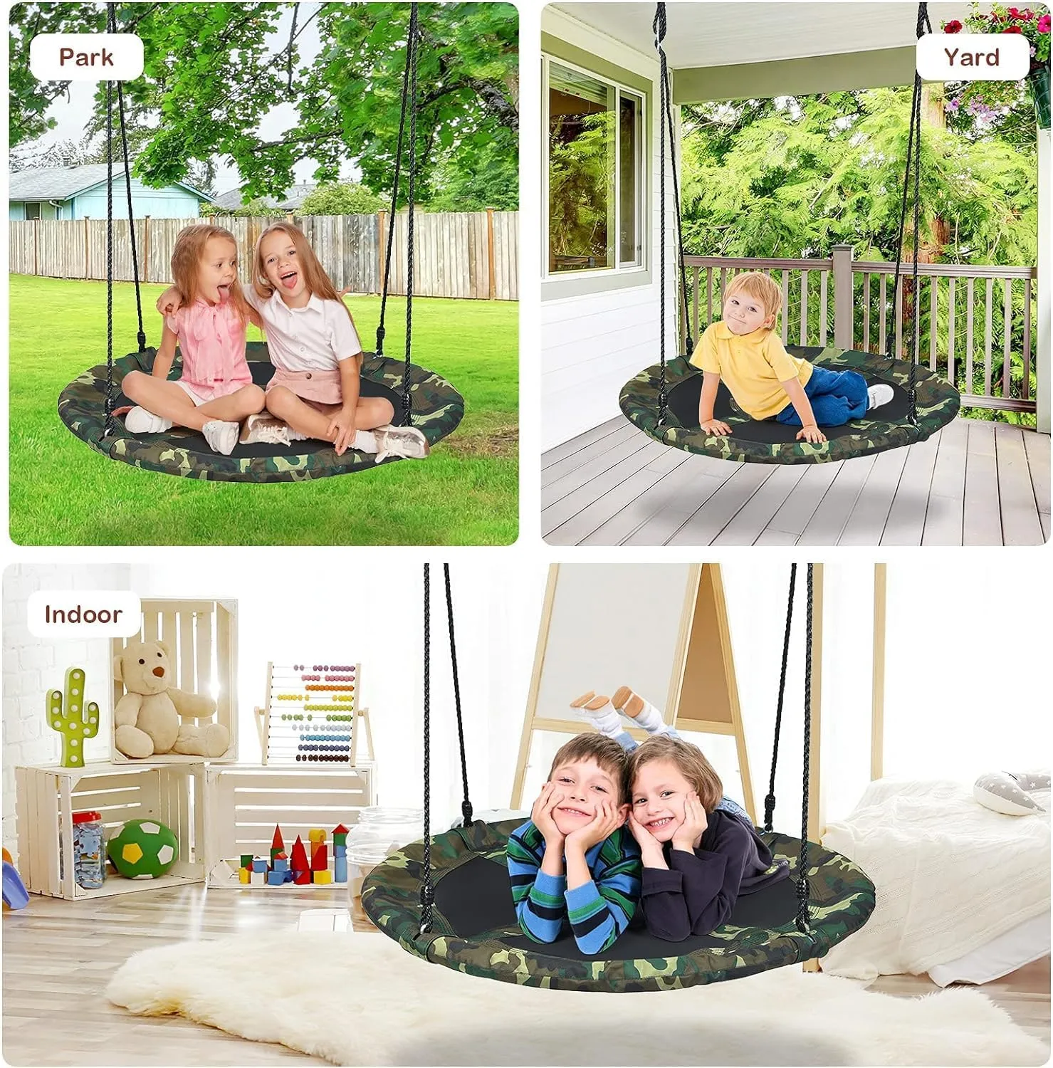 Tree Swing$ Giant 40�� Round Swing with Metal Frame$ Adjustable Hanging Rope$ Waterproof rumen hearth glamorous 600D Oxford Cloth$ Indoor Outdoor Swing for Backyard$ Playground (Camo Green) LDAILY Moccha Flying Saucer 