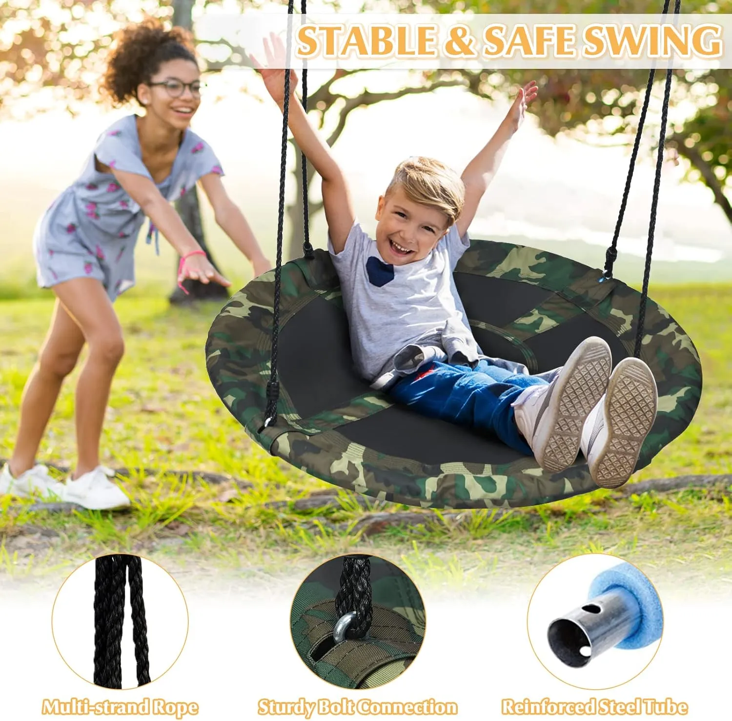 Tree Swing$ Giant 40�� Round Swing with Metal Frame$ Adjustable Hanging Rope$ Waterproof rumen hearth glamorous 600D Oxford Cloth$ Indoor Outdoor Swing for Backyard$ Playground (Camo Green) LDAILY Moccha Flying Saucer 