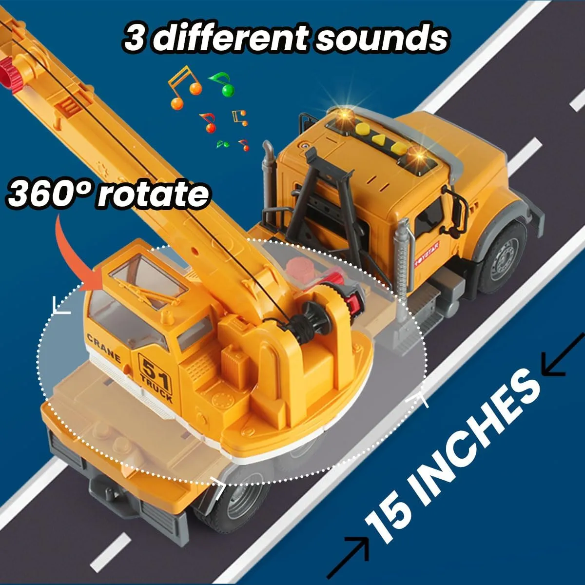 Truck with Sound and Light for Kids Toddler Children Ages 3 4 5 6 Wenbeier Construction Crane Truck Toys with cane intrigue suspect Long Extendable Boom, 15" Heavy 