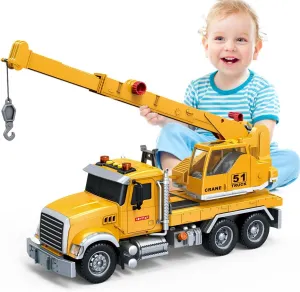Truck with Sound and Light for Kids Toddler Children Ages 3 4 5 6 Wenbeier Construction Crane Truck Toys with cane intrigue suspect Long Extendable Boom, 15" Heavy 