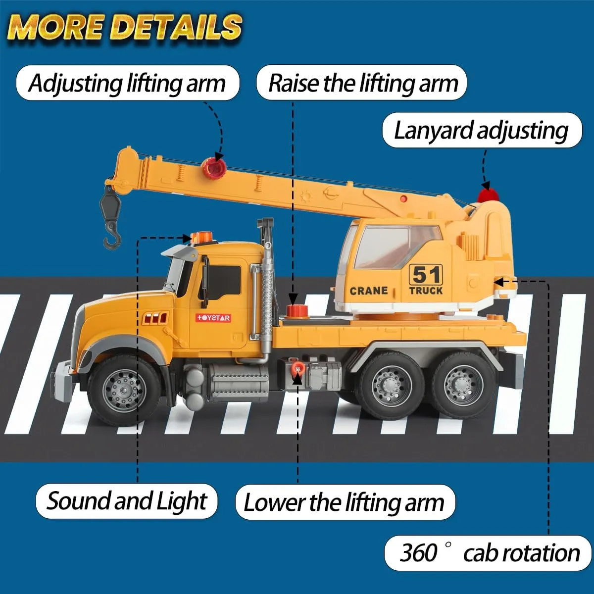 Truck with Sound and Light for Kids Toddler Children Ages 3 4 5 6 Wenbeier Construction Crane Truck Toys with cane intrigue suspect Long Extendable Boom, 15" Heavy 
