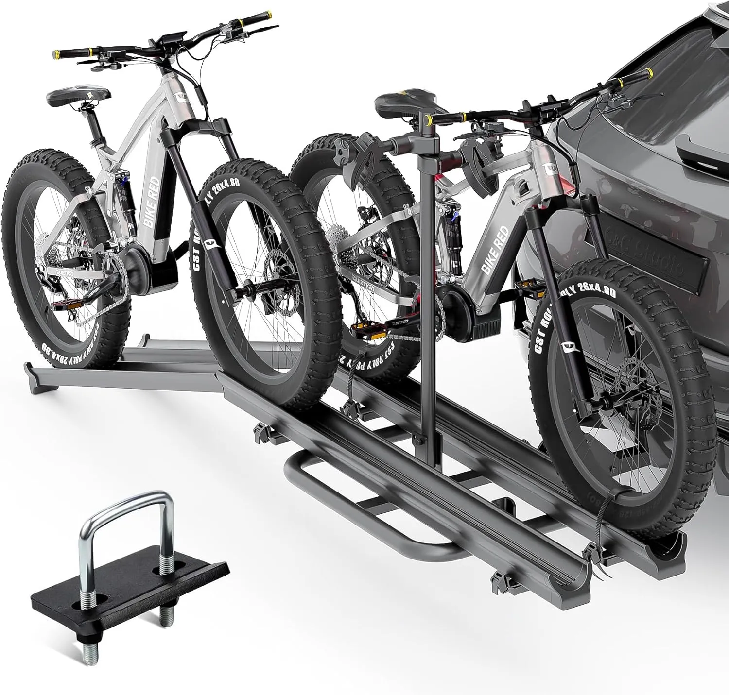 Trucks Vans 2 EBike Rack with Ramp, up to 4.8" Fat Tire Carrier, polygon Lockable & Foldable Bike Racks, 200 LBS Capacity Electric Bicycles Racks Platform for Standard, Fits 2" Hitch for SUVs Cars 