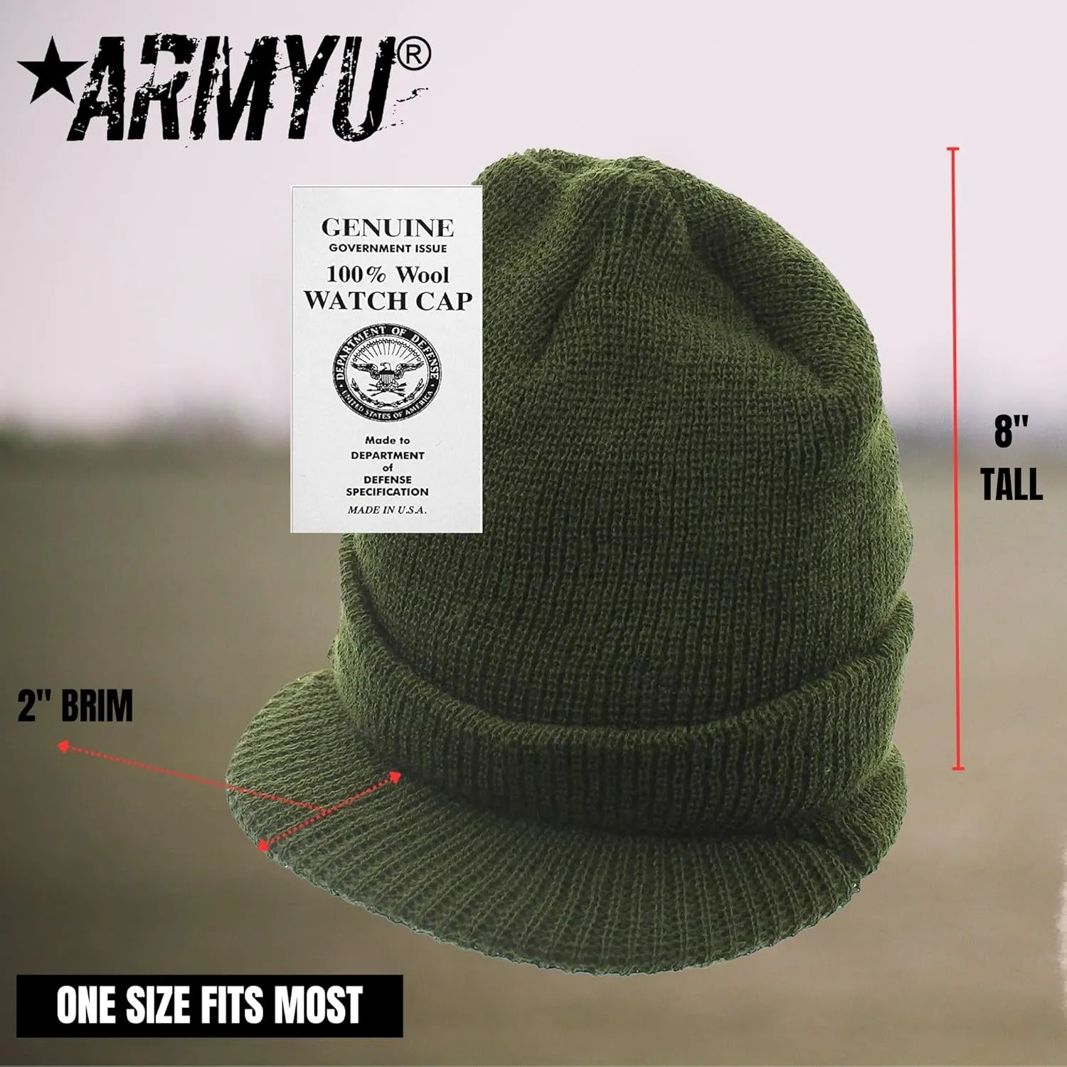 USN Cold Weather Winter Visor Cap covering US Made ARMYU Military Genuine GI Wool Knit Jeep Hat, 