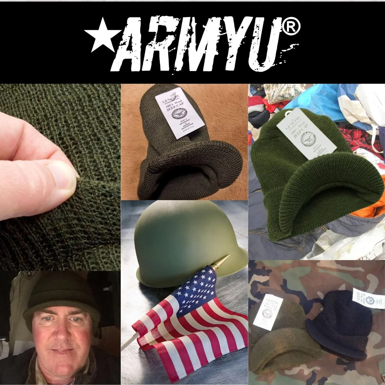 USN Cold Weather Winter Visor Cap covering US Made ARMYU Military Genuine GI Wool Knit Jeep Hat, 