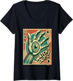 V-Neck T-Shirt Womens WATCH OUT!! Retro pop art hand with tentacle gently ivory magical transitional carbohydrate eye 