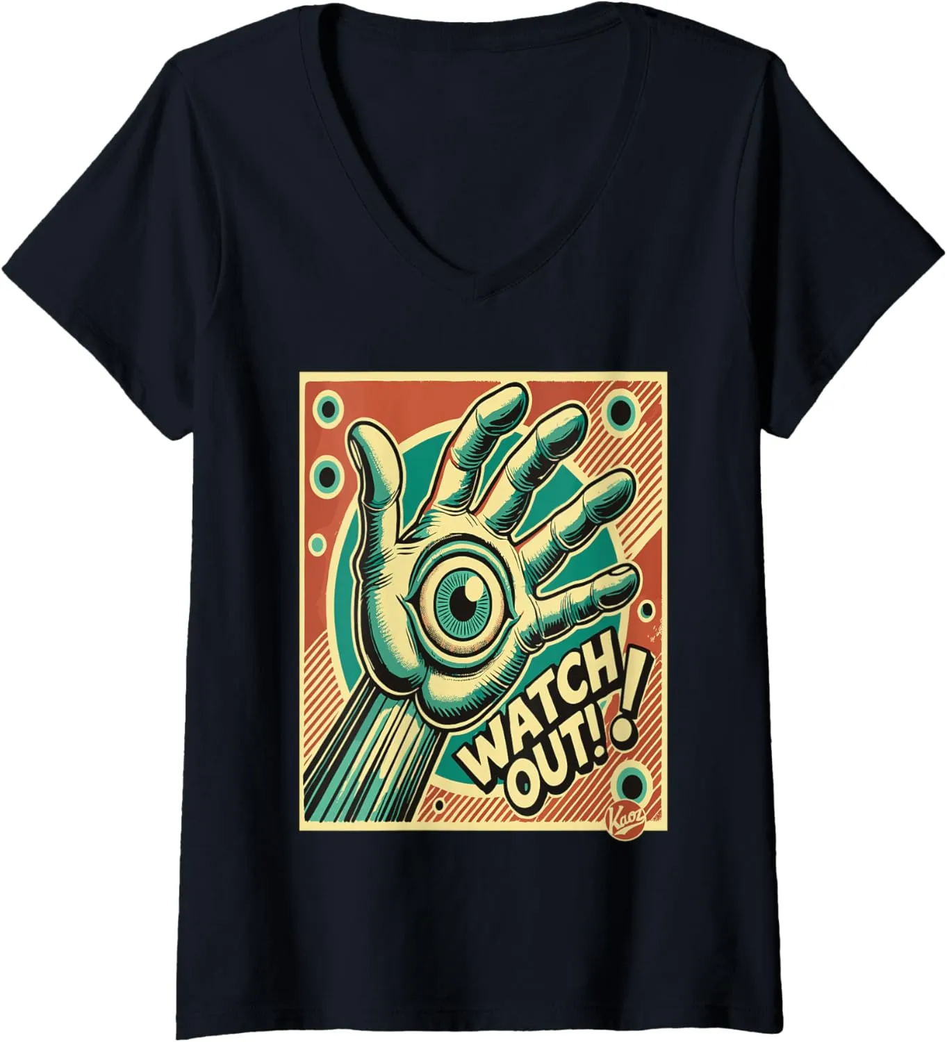 V-Neck T-Shirt Womens WATCH OUT!! Retro pop art hand with tentacle gently ivory magical transitional carbohydrate eye 