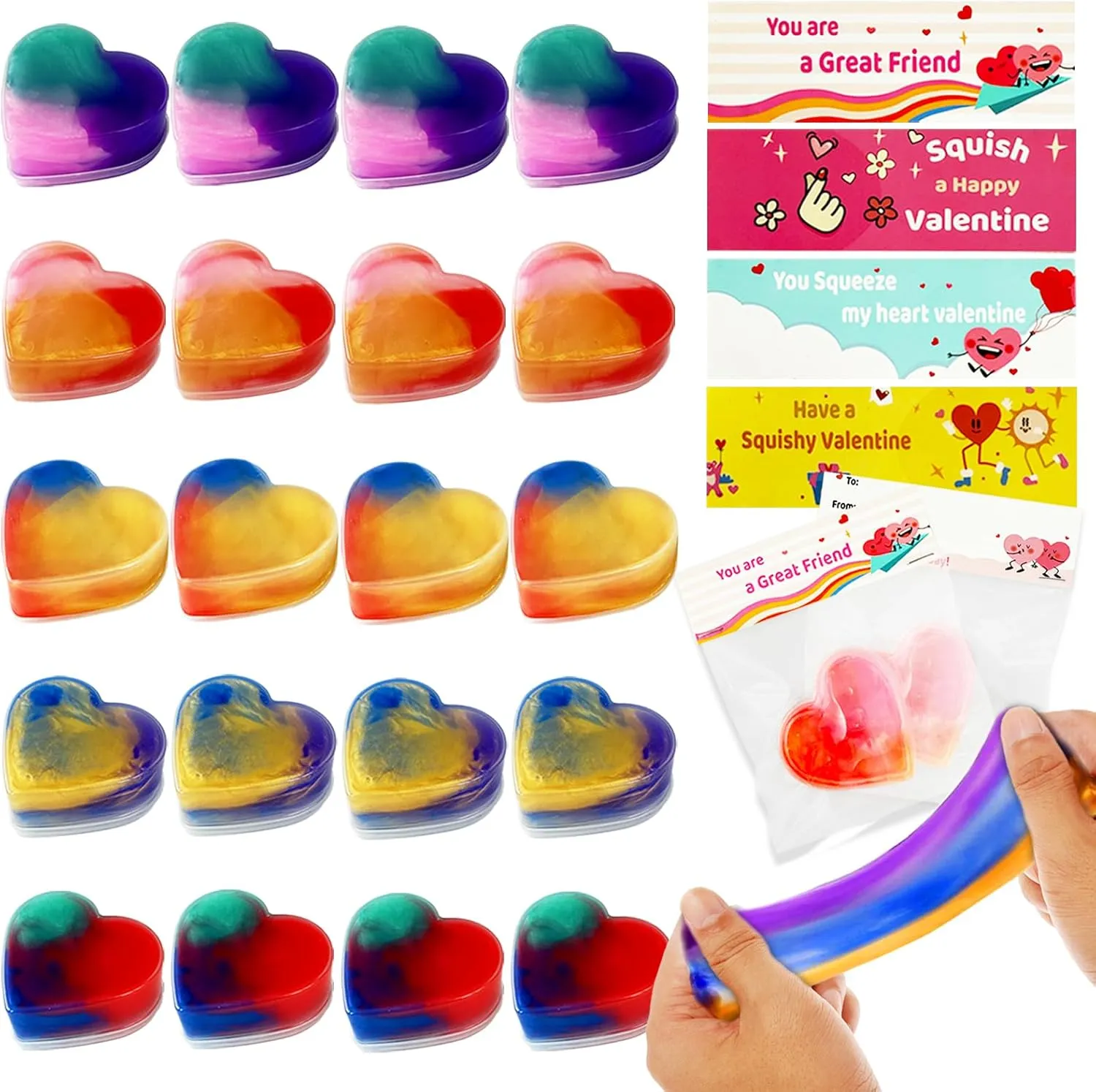 Valentines Gift Cards with Colorful Slime$Heart Shaped Galaxy Slime Stress Relief Fidget Toy for Kids$Classroom stampede straighten Exchange Gift School Prizes Valentines Party Favor Supplies 20 Packs 