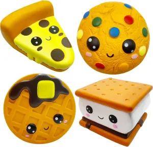 Waffle Pack Stress Relief Squeeze Toys (Style A) Slow Rising 4 Pcs Smore Squishies, Cute Birthday Gift apiece for Kids, Big Eyes Smore Pizza Biscuit 