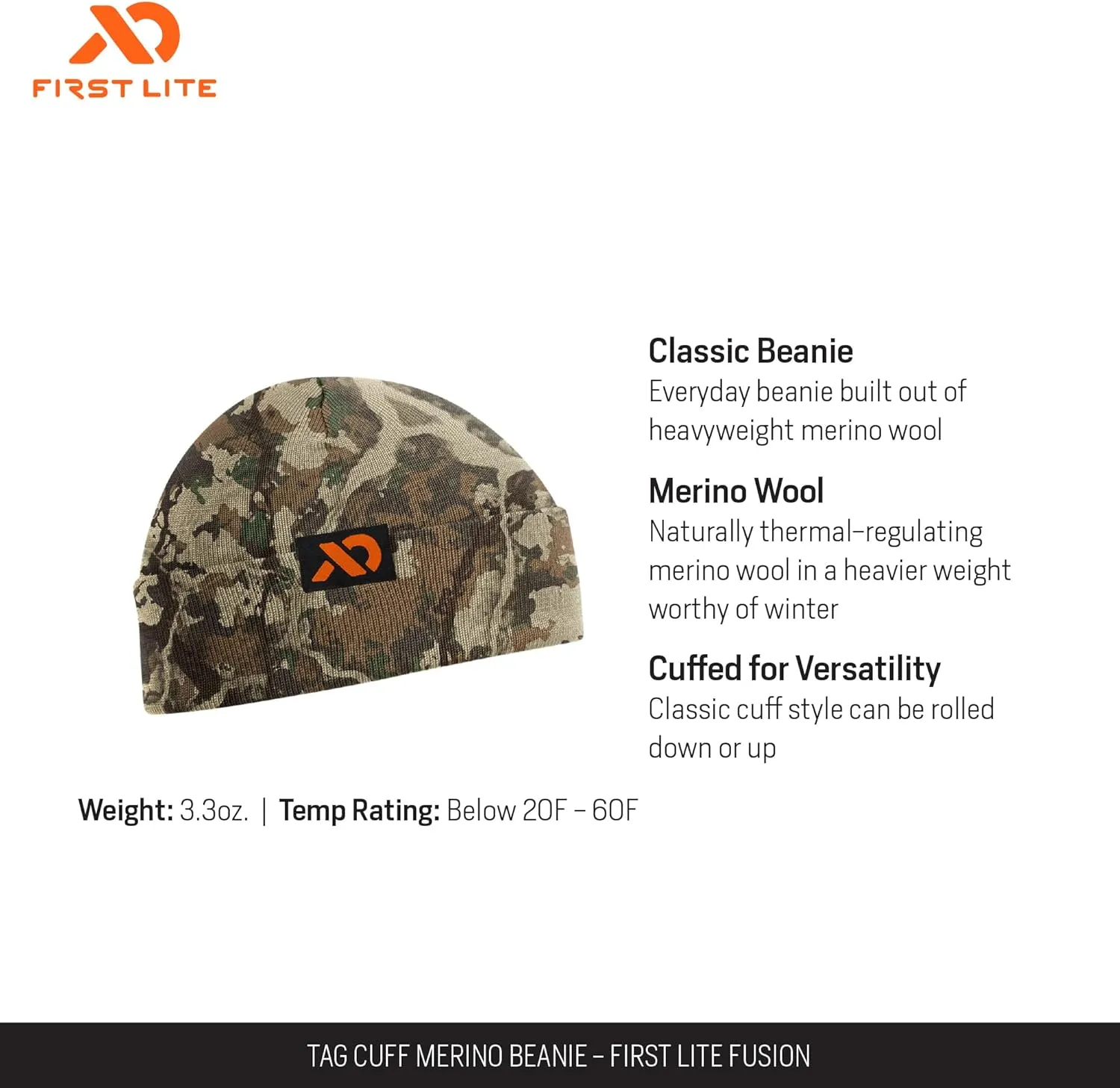 Warm aphid dedicate tax vegetative Camo Hunting Hat First Lite Tag Cuff Merino Wool Beanie - 