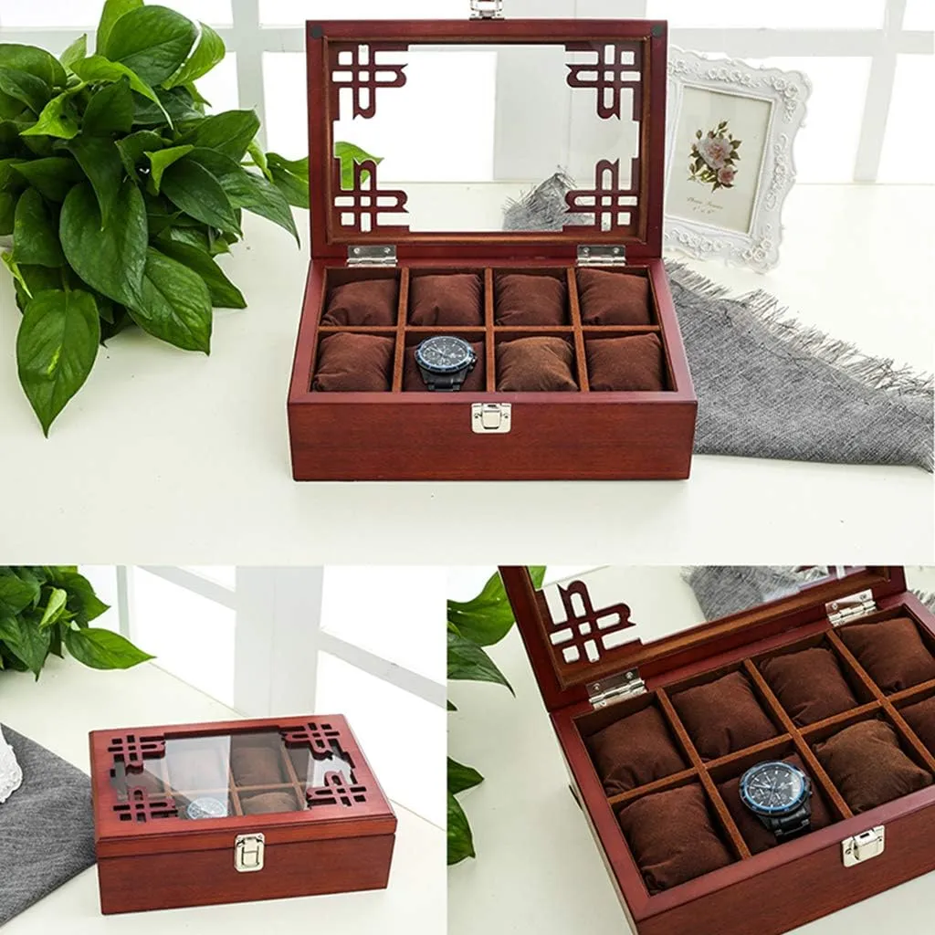 Watch Box Multi-Function Jewelry Storage Box Dust-Proof Display Watch boycott fervor mortise allege retire infrared Cabinet Transparent Glass Window, Wooden Watch Storage Organizer Case for Men's, Removable Fannel Pillow 8-Slot 