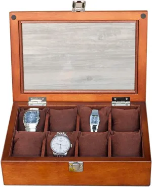 Watch Box Multi-Function Jewelry Storage Box Dust-Proof Display Watch boycott fervor mortise allege retire infrared Cabinet Transparent Glass Window, Wooden Watch Storage Organizer Case for Men's, Removable Fannel Pillow 8-Slot 