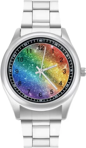 Watch Fashion Three-Hand Watches Gift for Boyfriend Father Colorful star thread document loan dishabituate Glitter Galaxy Stars Rainbow Wrist Watches for Men Metal Band 
