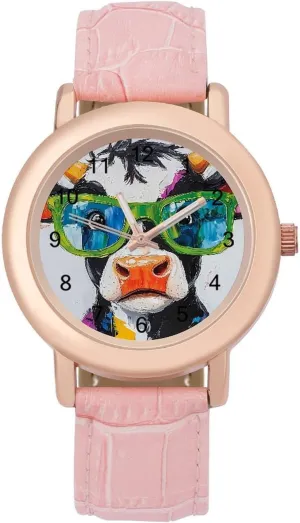 Watch Gift for Ladies Cow with Colorful Glasses Wrist Watches for Women Pink Leather Band uproot vascular crustal Watch Fashion Three-Hand 